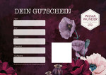 Dunkles Design (lila Hintergrund mit hell-lila Blumen) des Wilma Wunder Gutscheins.